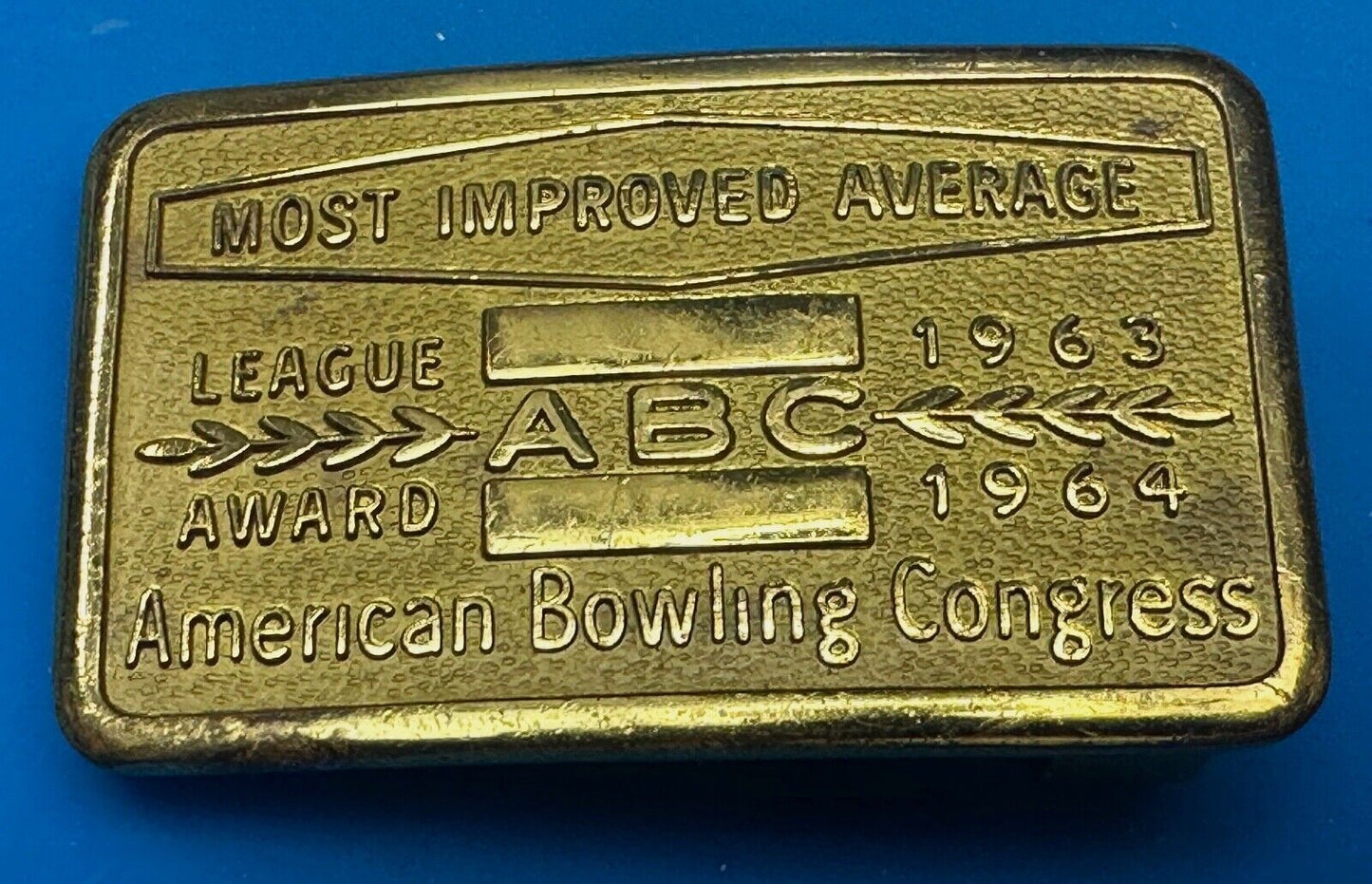 ABC Bowling League Award Trophy 1963 - 64 Belt Buckle RARE Most Improved Average