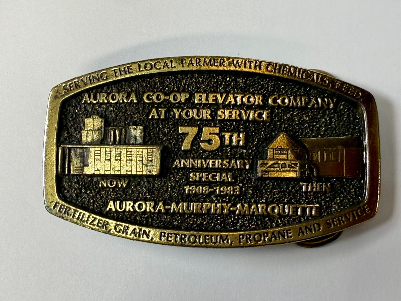 Aurora Co-Op Elevator Company at your Service 75th Anniversary Belt Buckle