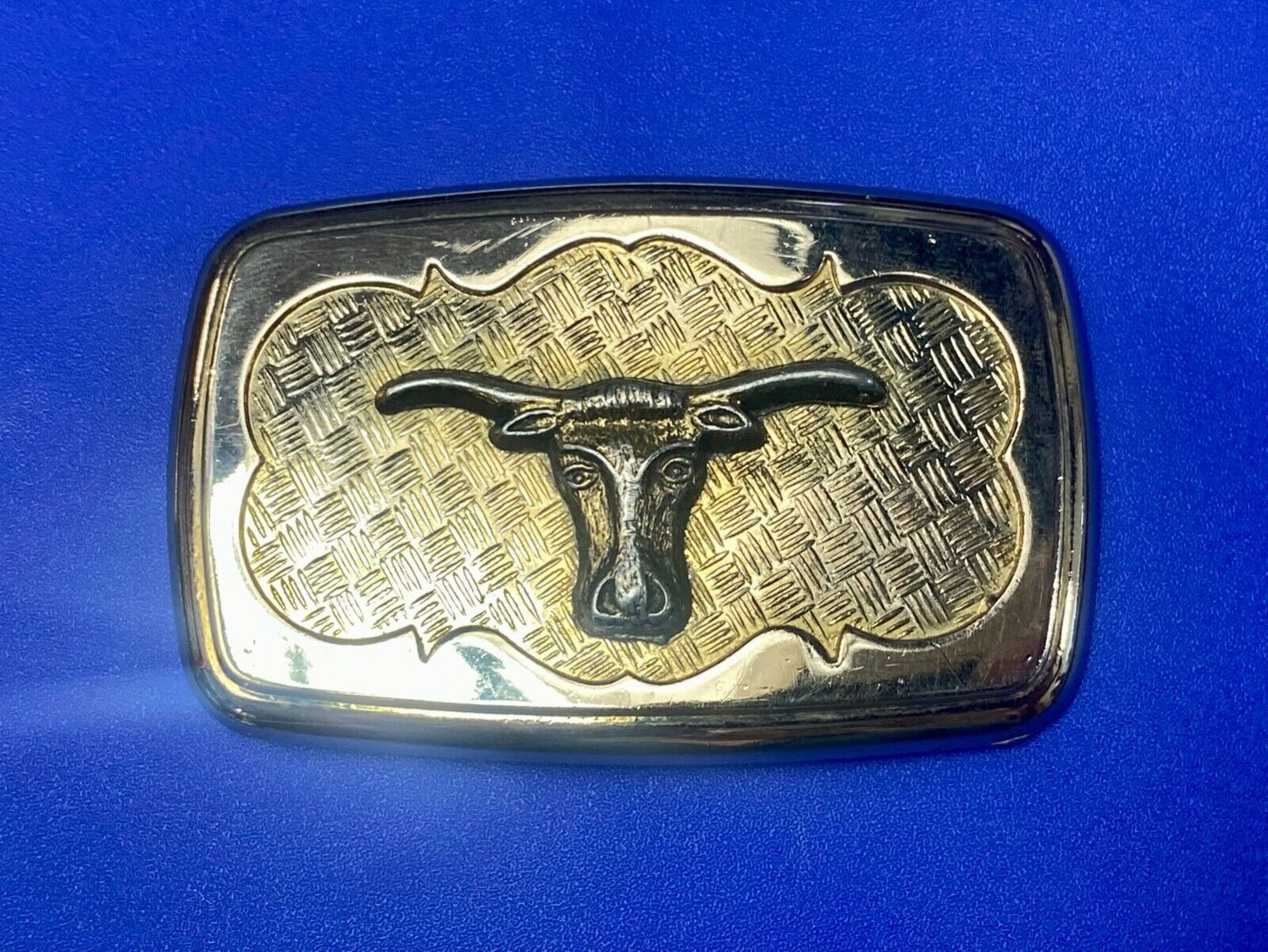 Vintage gold tone Texas Longhorn Steer mesh background western belt buckle