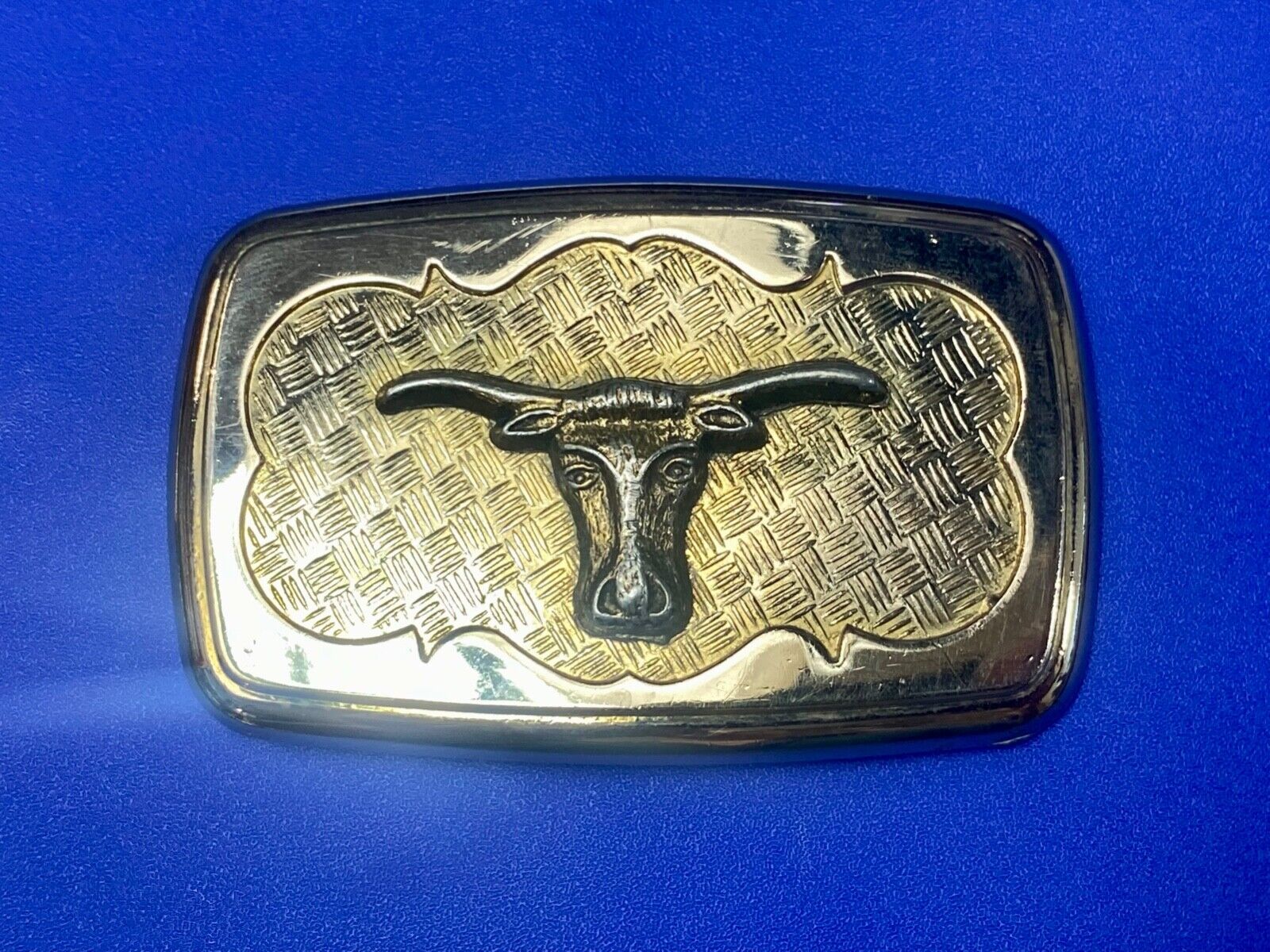 Vintage gold tone Texas Longhorn Steer mesh background western belt buckle
