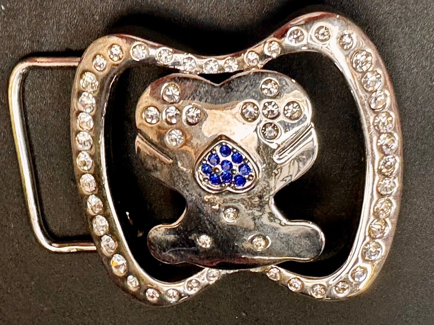 Teddy Bear W/ Heart Clear & Blue Rhinestone Accented Belt Buckle