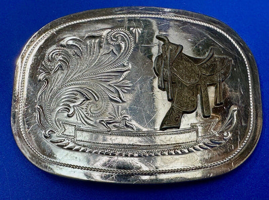 Vintage Cowboy Horse Saddle western belt buckle - blank award ribbon