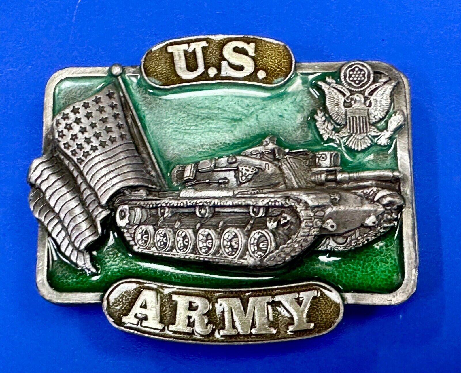 U.S. Army Belt Buckle Tank Flag vintage 1982 Bergamot Brass Works K-32