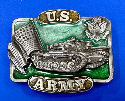 U.S. Army Belt Buckle Tank Flag vintage 1982 Bergamot Brass Works K-32