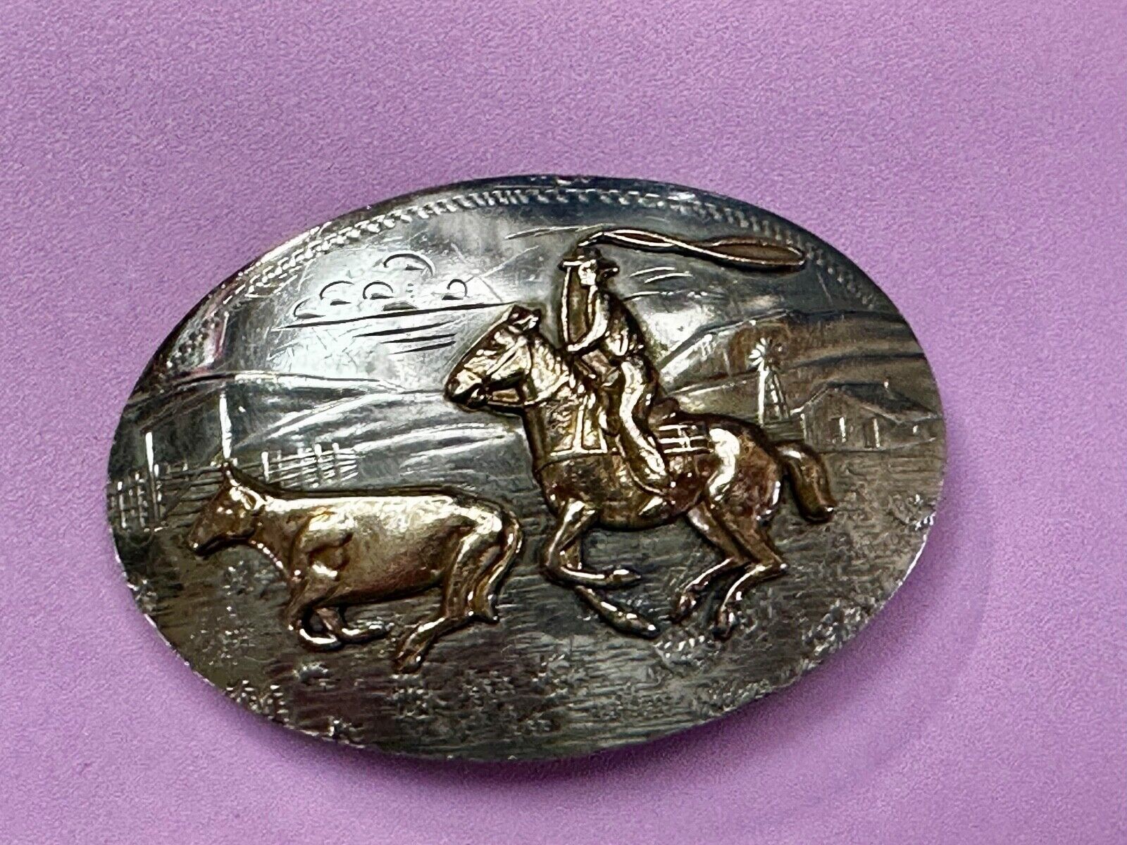 Two Horse Riding Cowboy's German Silver Belt Buckle by Comstock Silversmiths