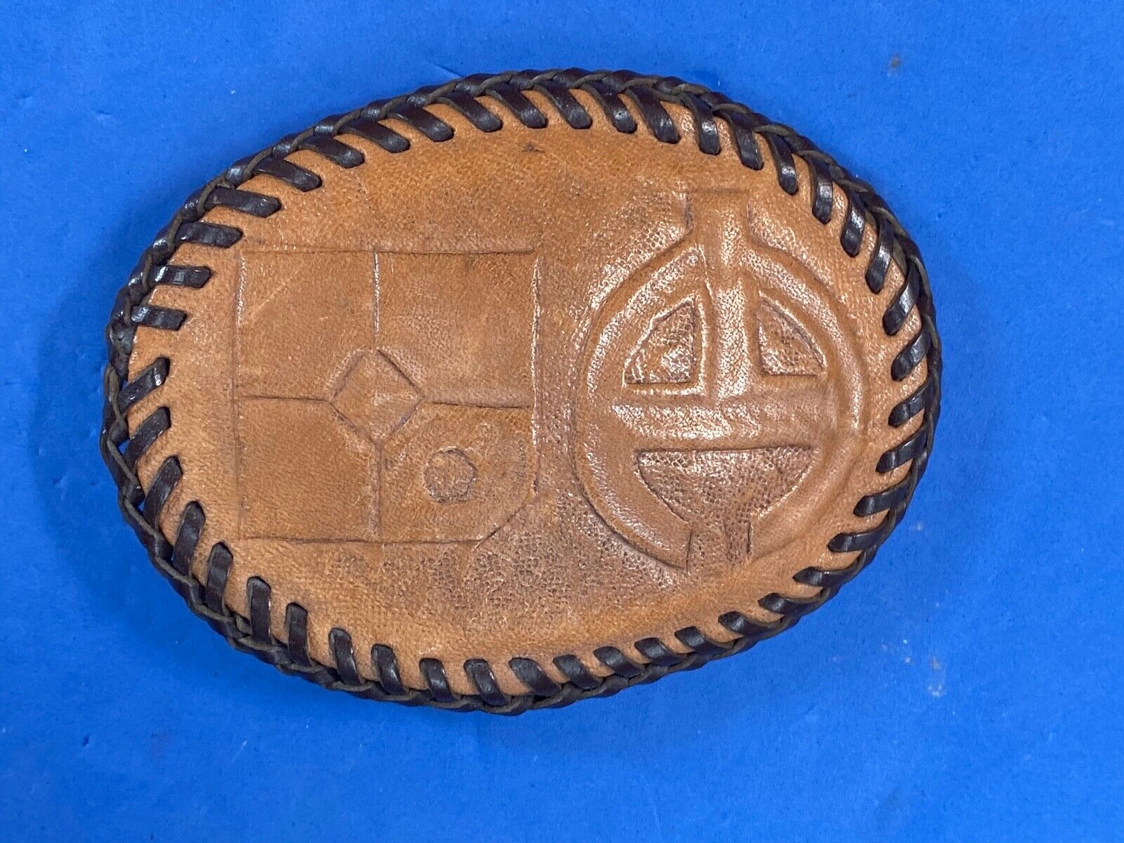 Vintage - Leather stitched belt buckle with Oil? company logo 