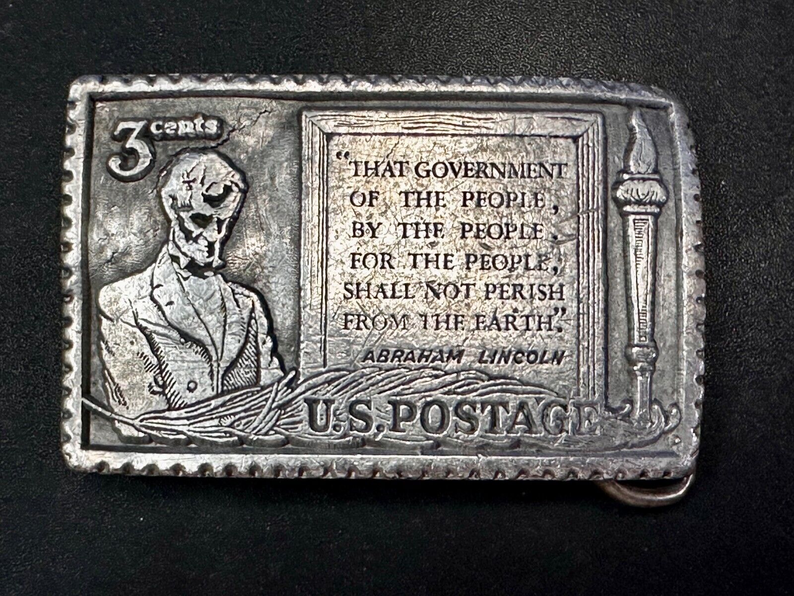 3 Cent Honest Abe Lincoln Stamp Collectors USA Patriotic Pewter Belt Buckle