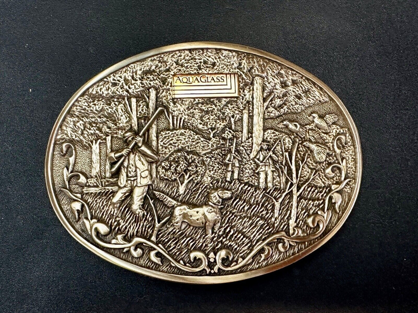 AQUAGLASS  10k Gold Emblem Hunting Dog OC Tanner Solid Brass Belt Buckle in case