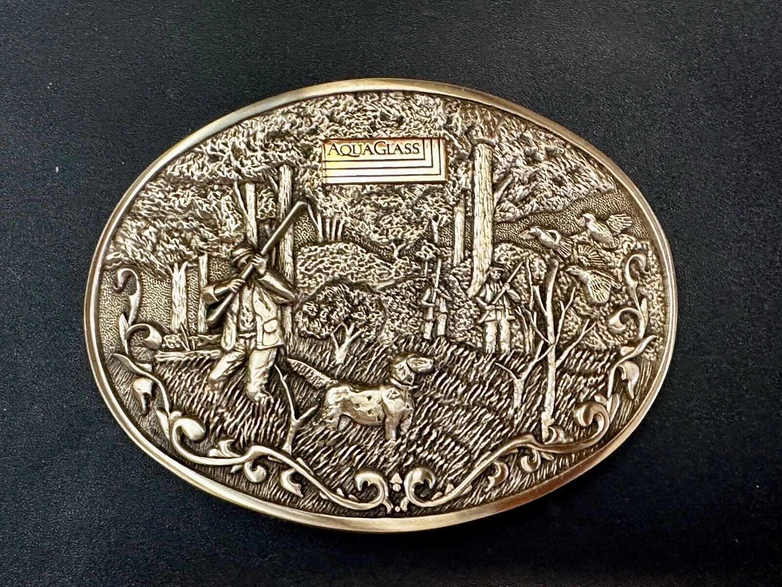 AQUAGLASS  10k Gold Emblem Hunting Dog OC Tanner Solid Brass Belt Buckle in case
