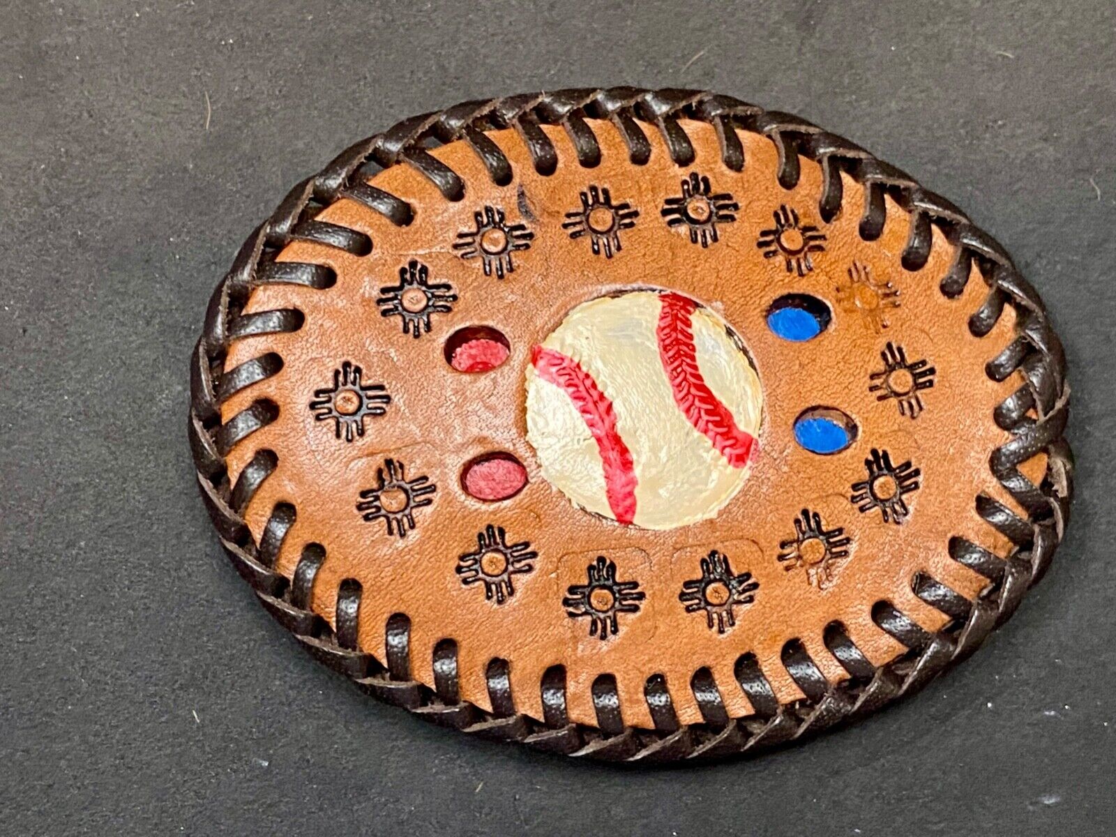 Vintage Baseball Brown Leather Hand Stitched Oval Belt Buckle - Ultimate Fan