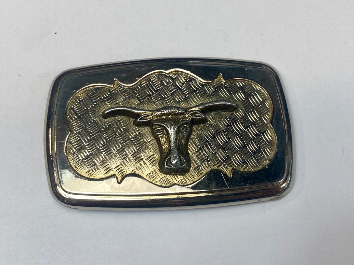 Vintage gold tone Texas Longhorn Steer mesh background western belt buckle