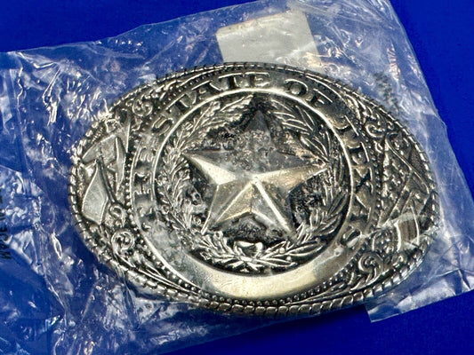 The Great State of Texas - Lone Star Flags seal silver tone NOS belt buckle