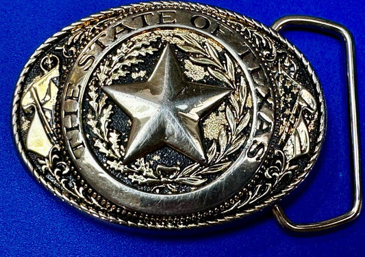 The Great State of Texas - Flag & Star Vintage Gold Color USA made Belt Buckle