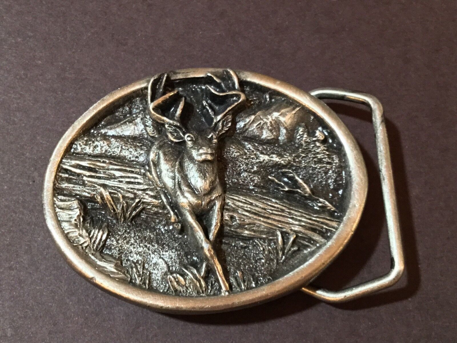 Vintage 1984 Bergamot brass works F-143 Strong DEER jumping over log fallen tree