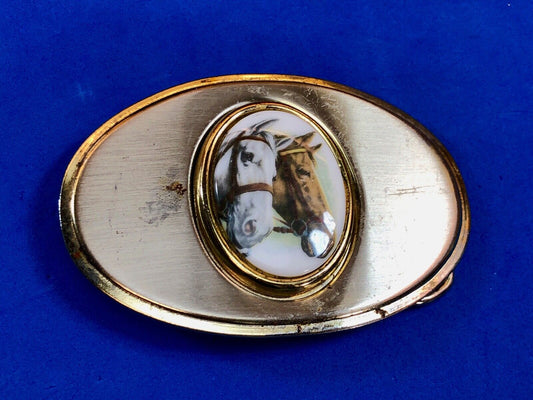 Vintage Dual Two Horse Head Bust Figure picture centerpiece western belt buckle 