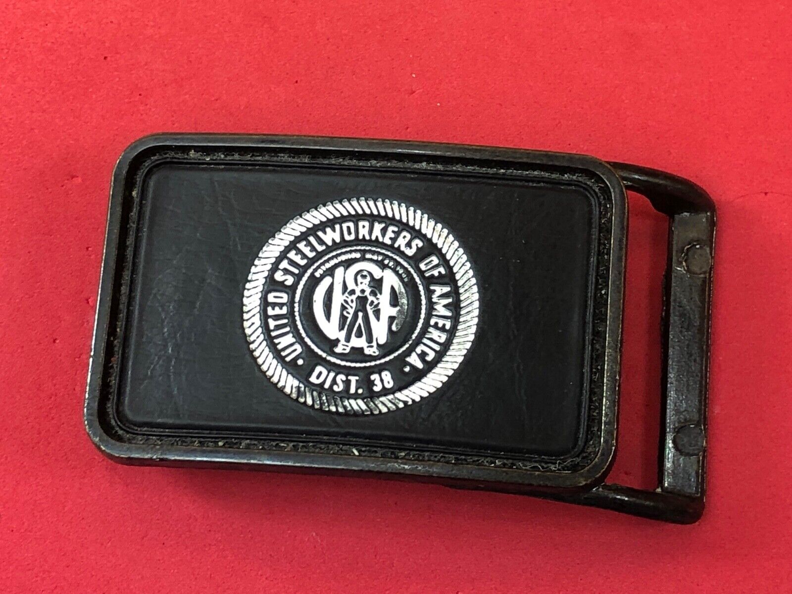 Vintage Leather backed Belt Buckle United Steelworkes of America Dist 38 