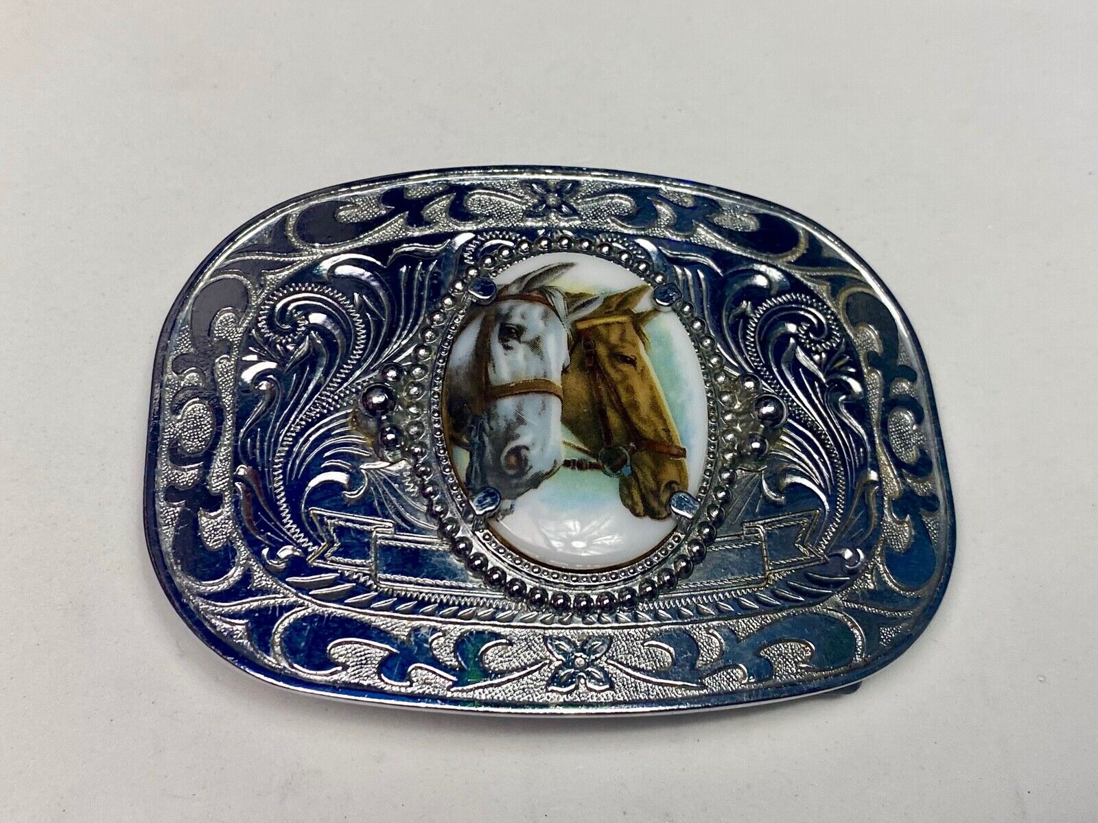 Beautiful Two Horse Bust Head's Photo Picture Western Centerpiece Belt Buckle 