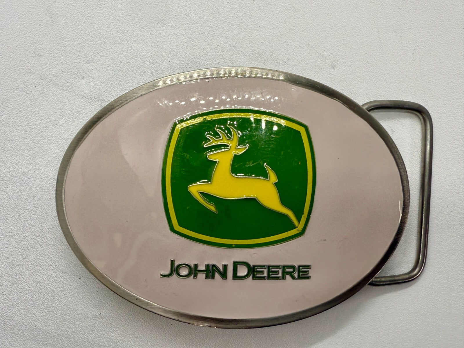 Vintage John Deere Pink Girlie Jumping Deer Logo Farm Tractors Belt Buckle
