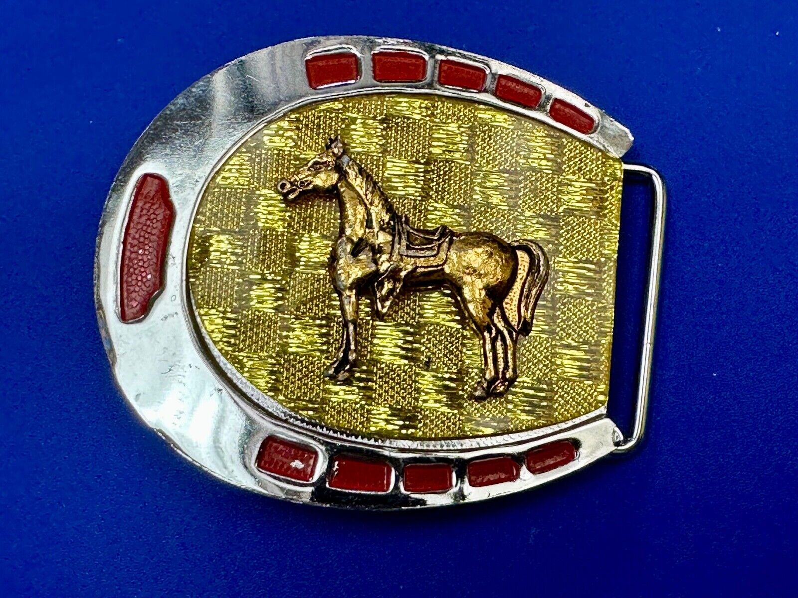 Artisan Resin covered Horseshoe shaped Belt Buckle with gold tone standing horse
