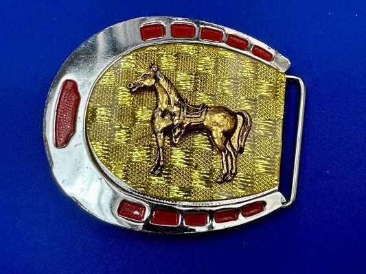 Artisan Resin covered Horseshoe shaped Belt Buckle with gold tone standing horse