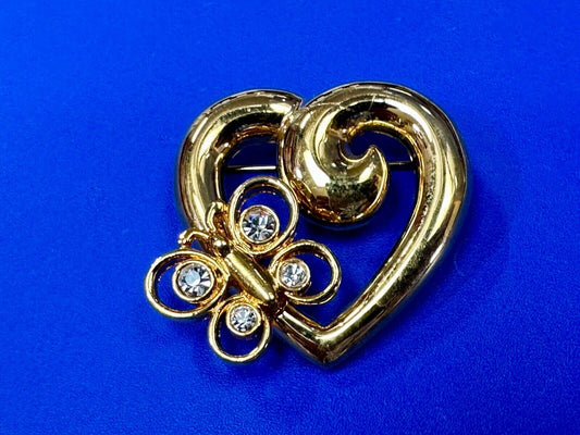 AK Anne Klein signed gold tone heart with rhinestone butterfly Brooch Pin