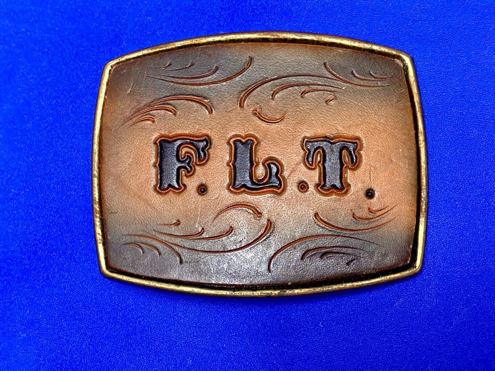 Vintage Initials Letters F. L. T.  leather and brass tone western belt buckle