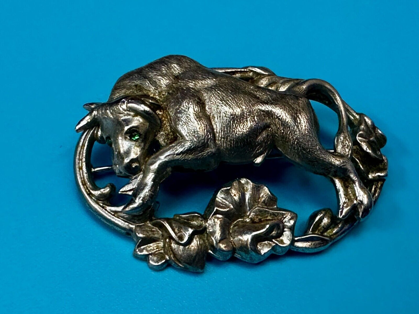 Taurus Bull 2" Wide Green Eyes -9 25 Sterling Silver Vintage Brooch by Otis