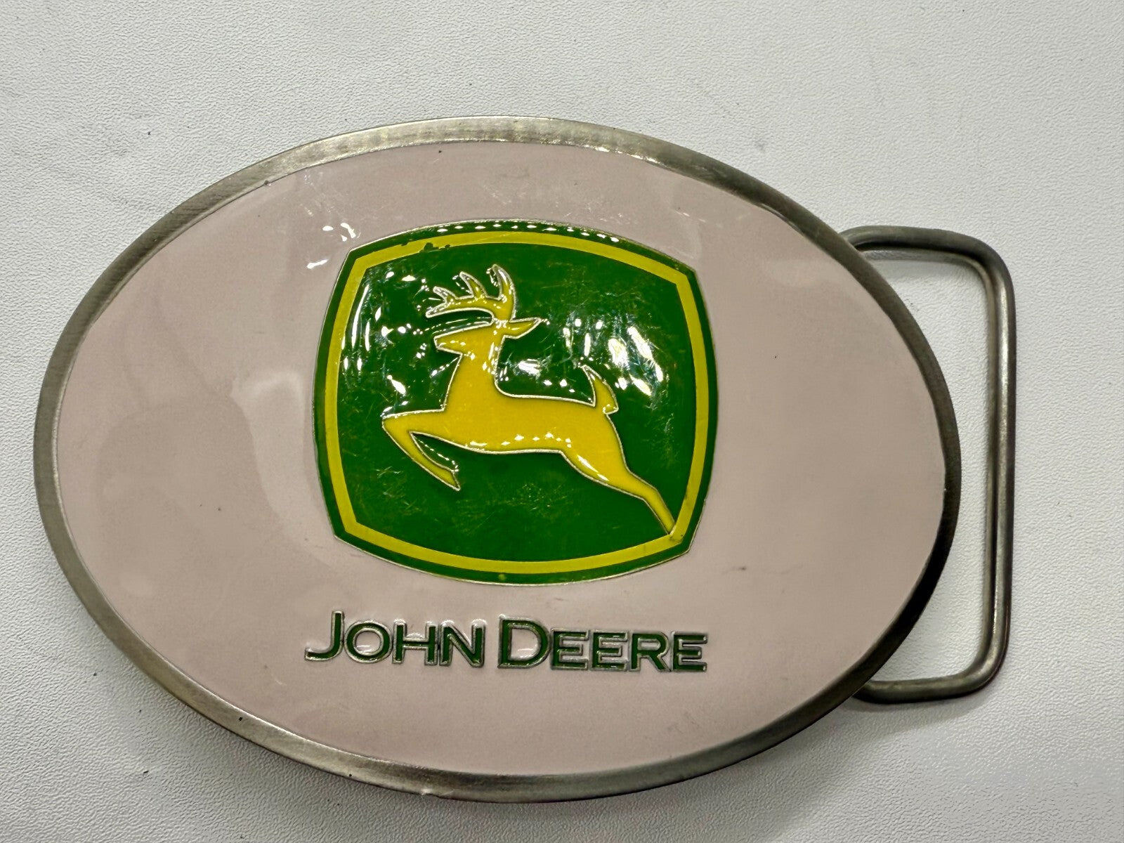 Vintage John Deere Pink Girlie Jumping Deer Logo Farm Tractors Belt Buckle