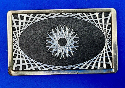 Black & Silver Color Vintage Etched Starburst Pattern Rectangular Belt Buckle 