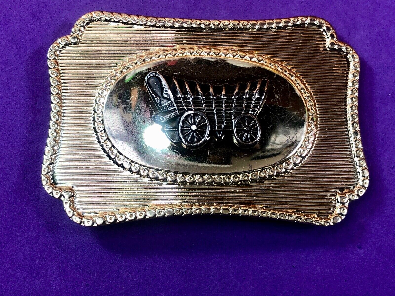 Vintage Covered Wagon Raised Western Belt Buckle 