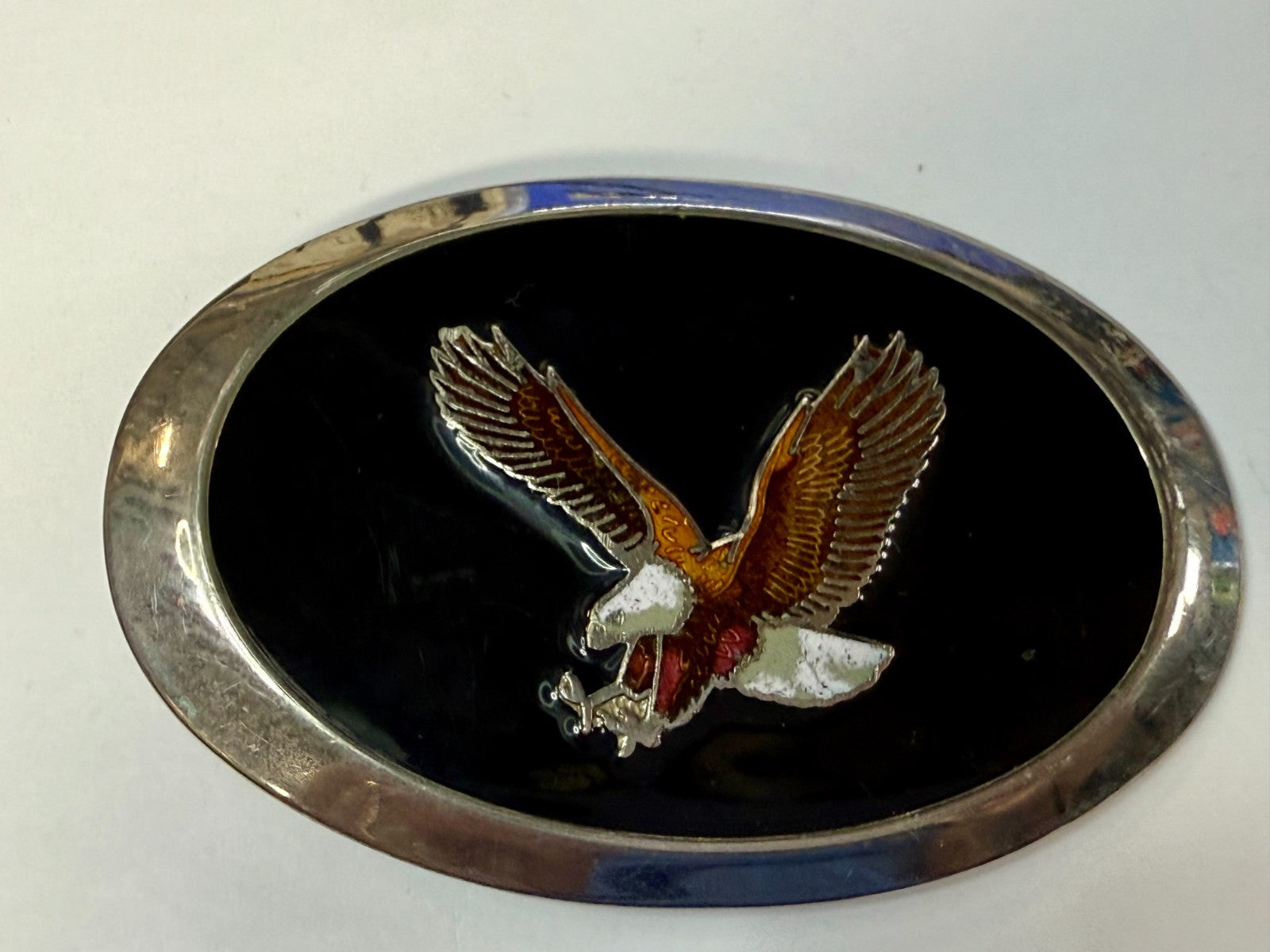 American Bald Eagle Flying Hunting Claws Black Enameled Western Oval Belt Buckle