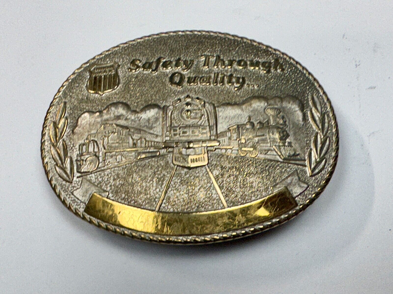 Union Pacific Rail Road SAFETY THROUGH QUALITY Train Engine STOTTS belt buckle
