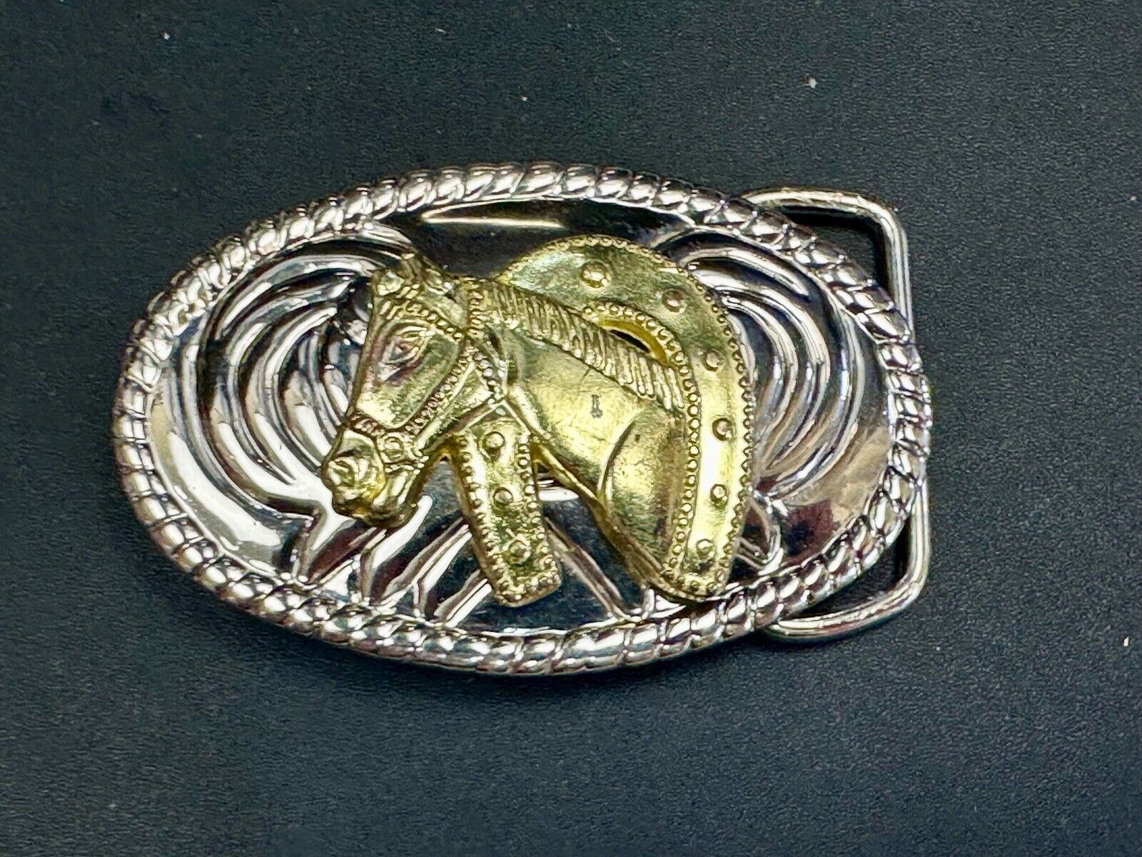 Beautiful NOS Horse head / lucky horseshoe - small two tone oval belt buckle