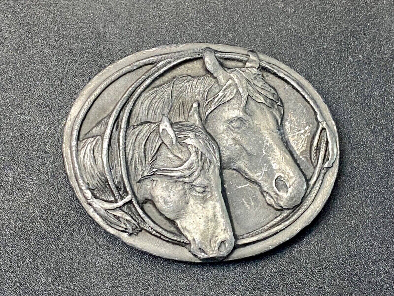Two Horse Heads western 3" wide belt buckle - Key Makers Mark / Hallmark