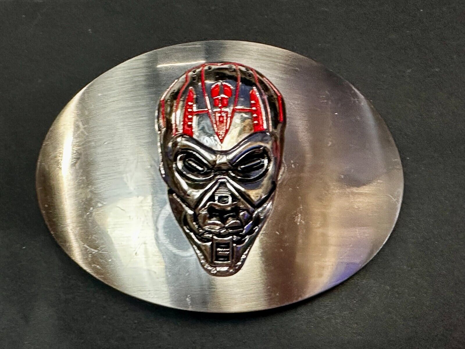 Terminator Skull Head Gothic Vibe Silver Tone Biker HUGE oval Belt Buckle