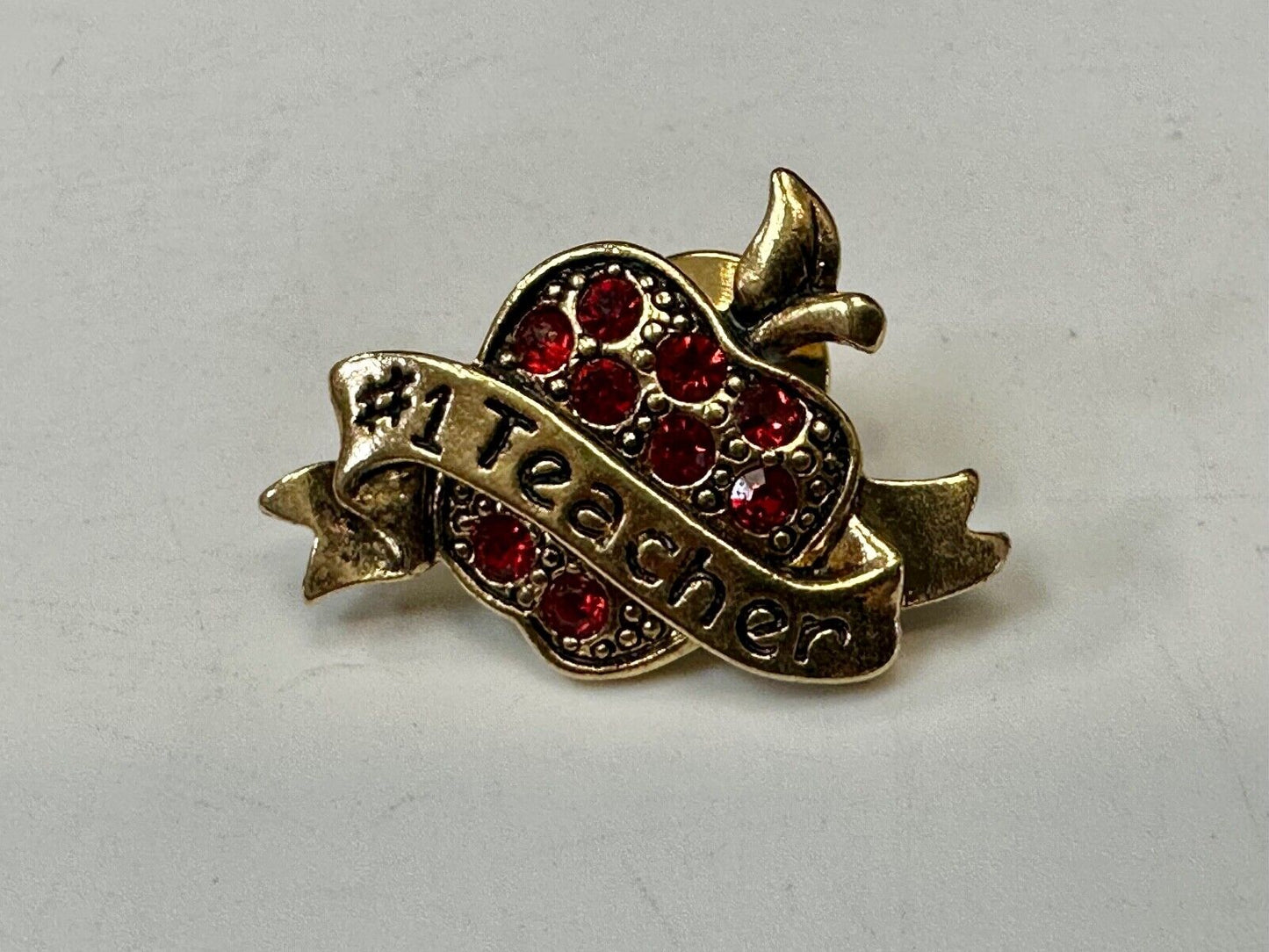 Apple Brooch Pin #1 Teacher Red Rhinestone Avon signed gold tone brooch