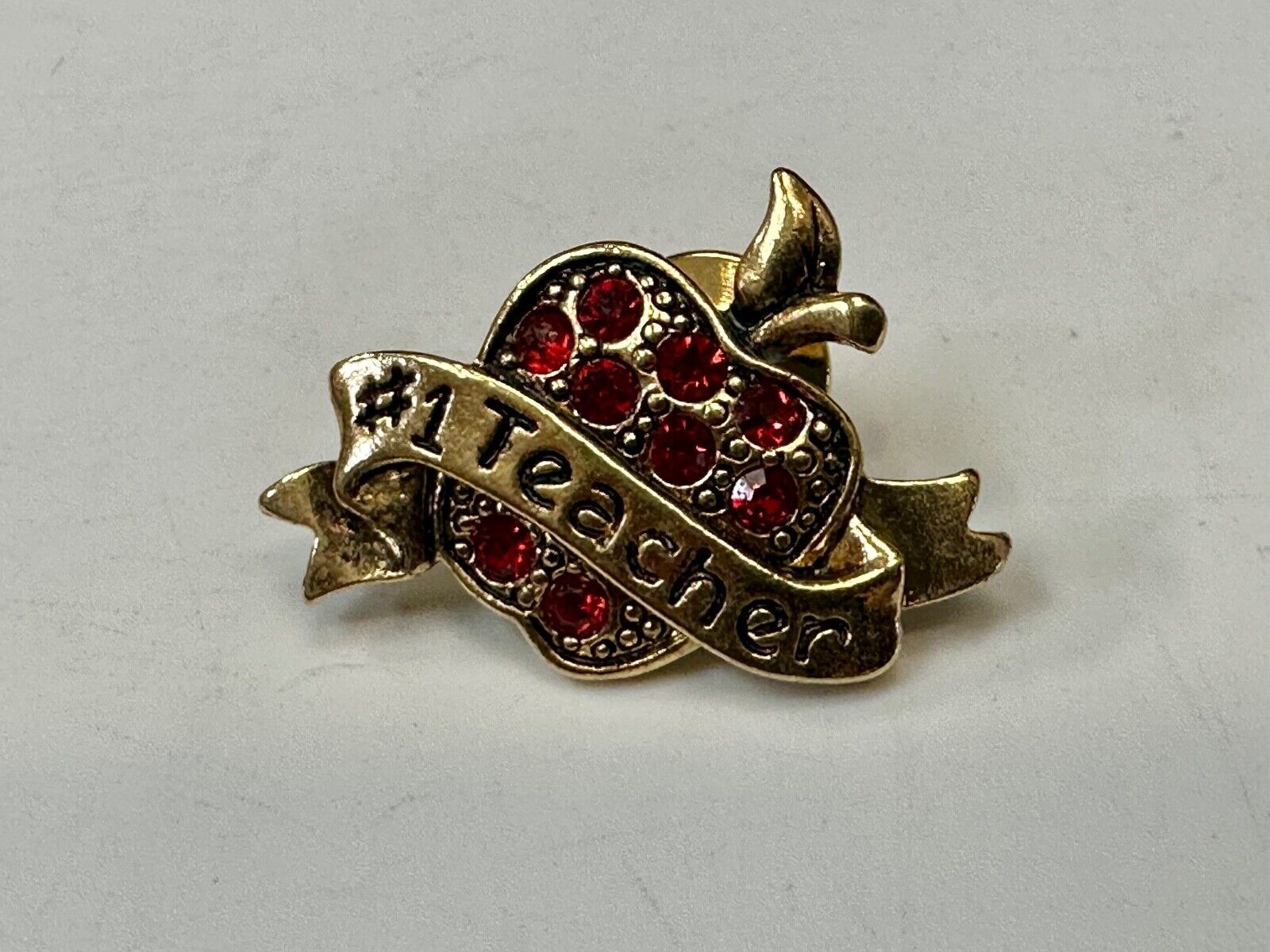 Apple Brooch Pin #1 Teacher Red Rhinestone Avon signed gold tone brooch