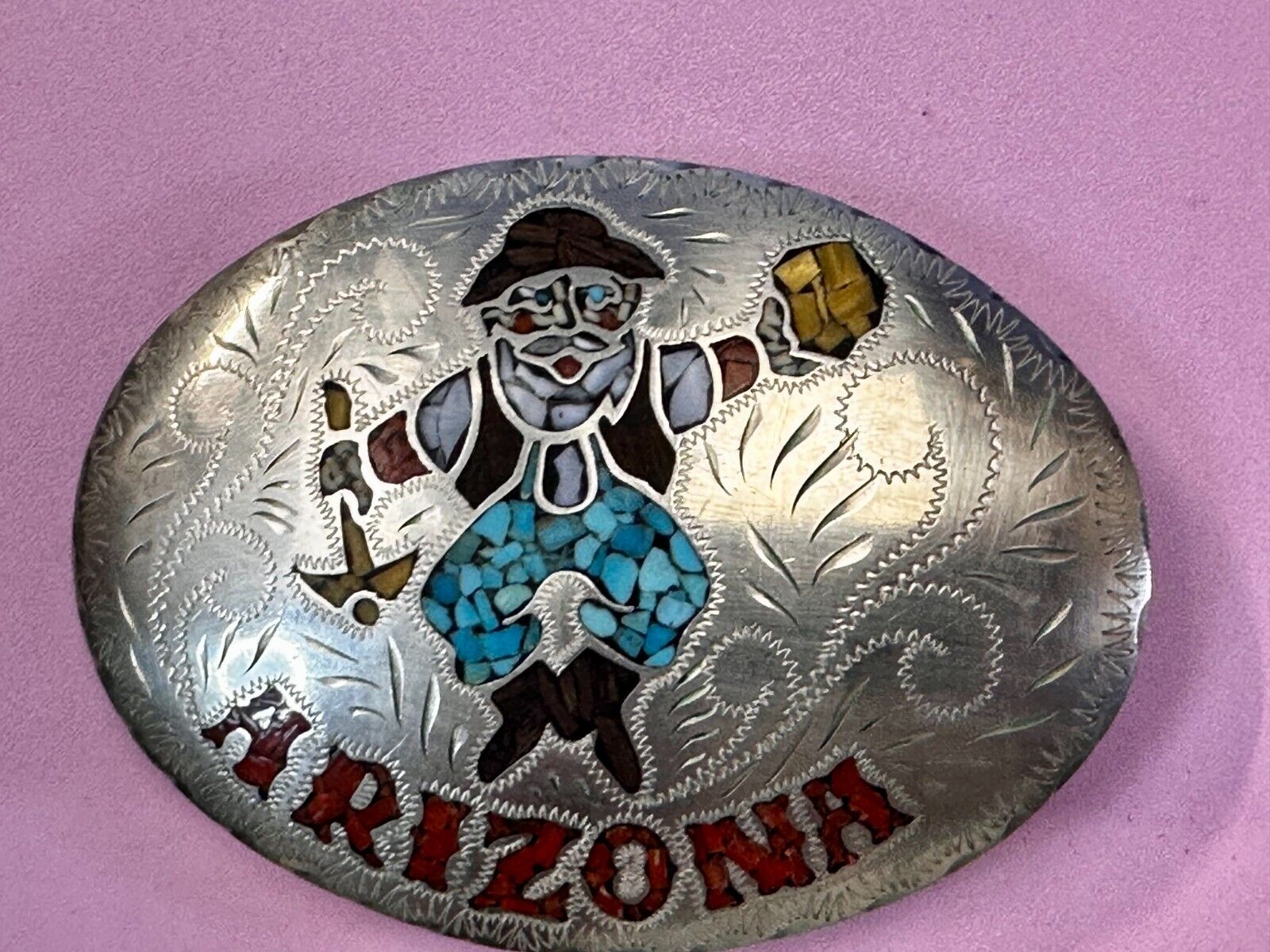 Arizona Gold Prospector Turquoise Inlay Stone Native Indian Art Vibe Belt Buckle