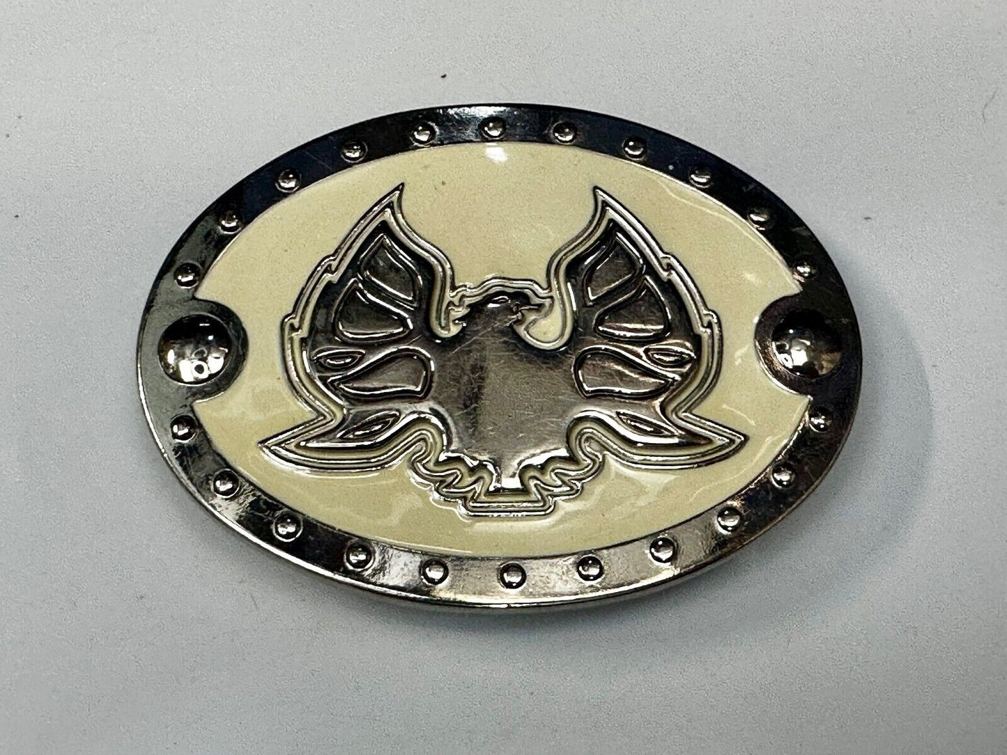 Thunderbird Eagle? Cream Color Enamel Studded Oval Silver Tone Belt Buckle