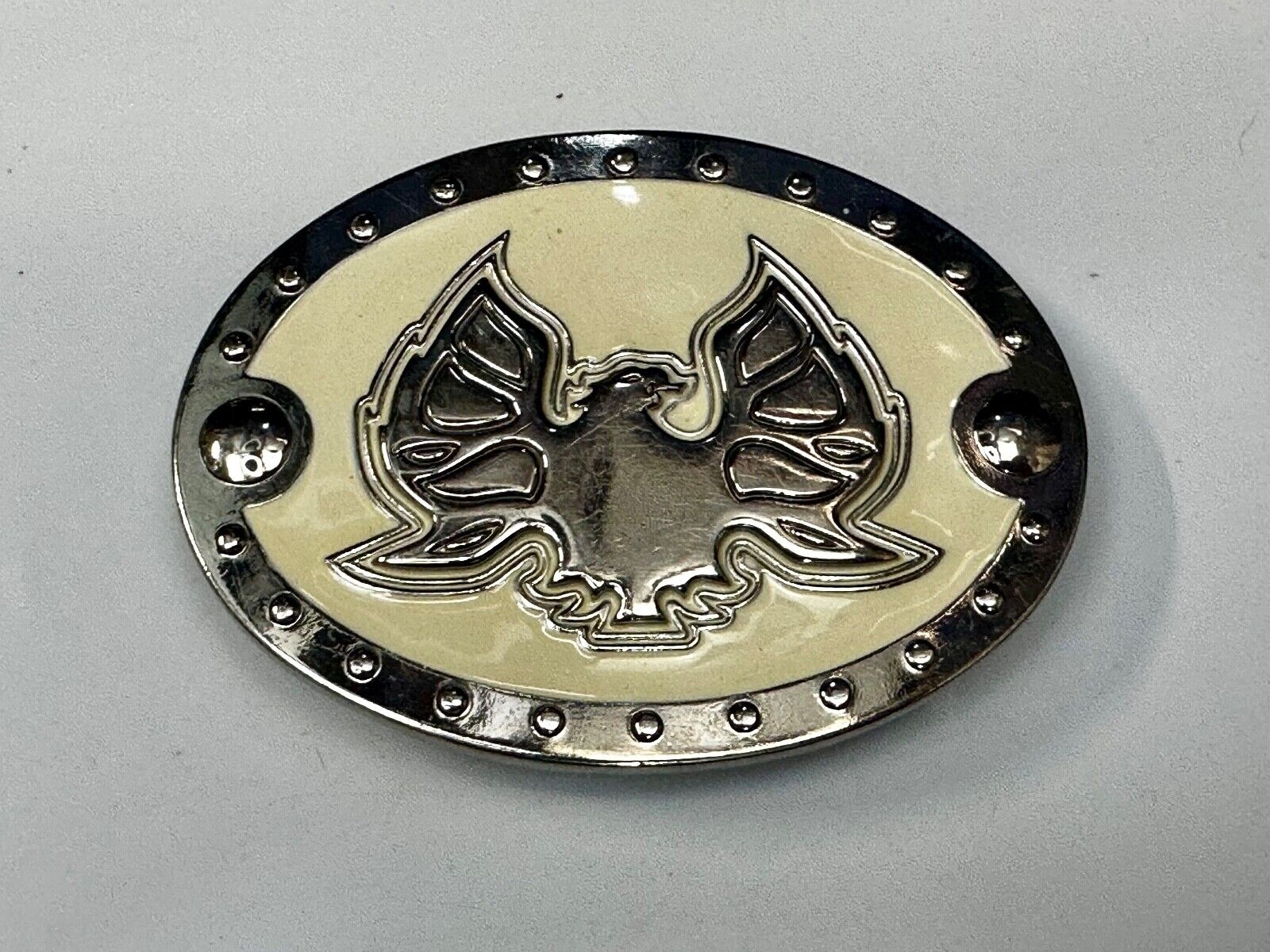 Thunderbird Eagle? Cream Color Enamel Studded Oval Silver Tone Belt Buckle