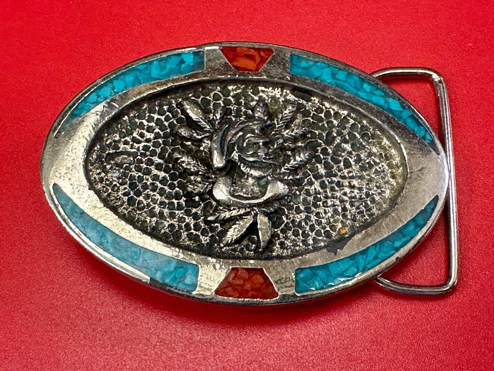 Beautiful ROSE flower Crushed Turquoise and Coral chip Boarder belt buckle by TT