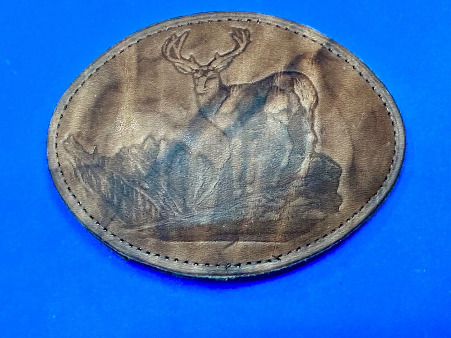 Vintage DEER in Nature, Hunters Leather oval LARGE belt buckle