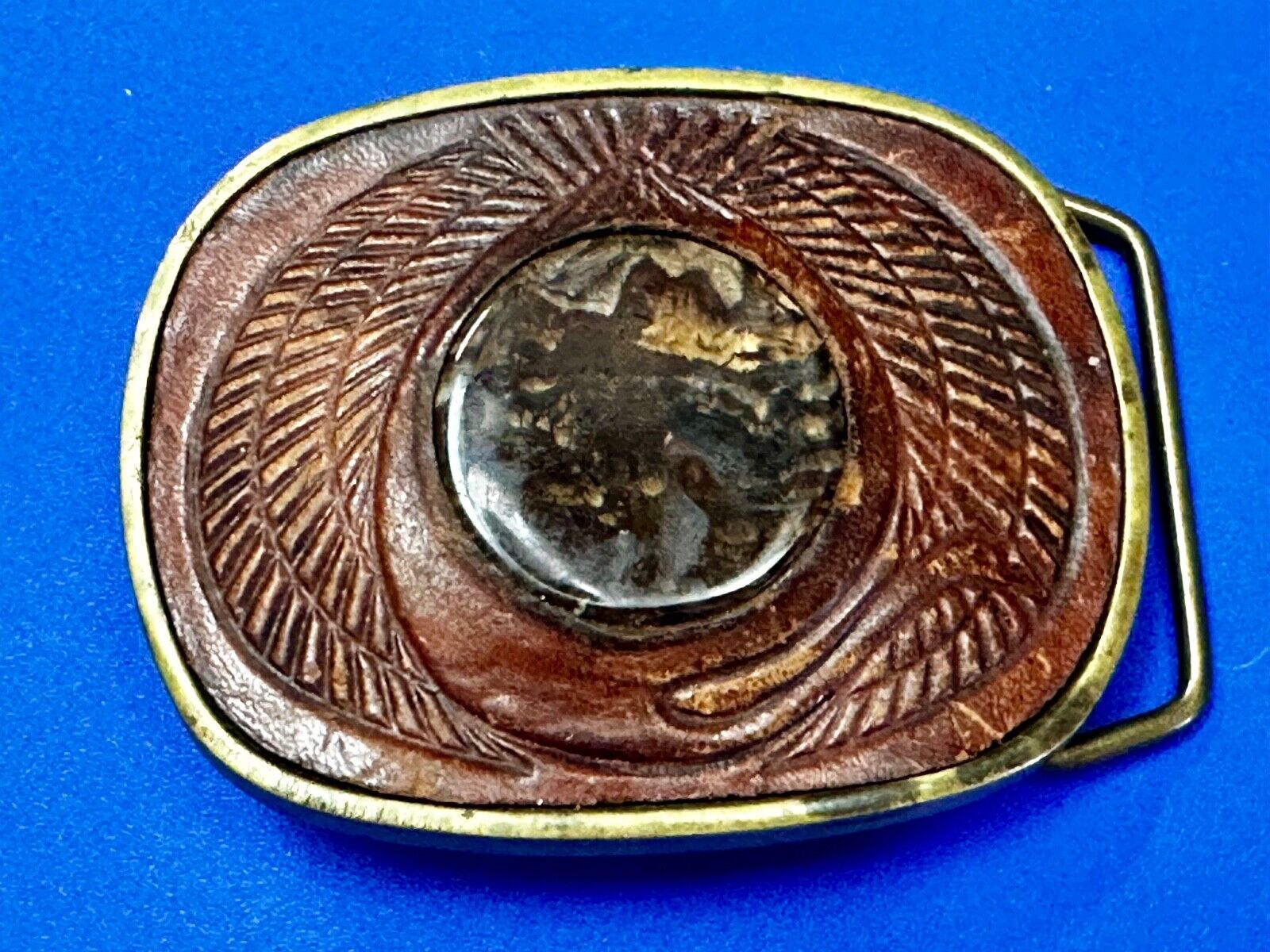 Unique Leather and Solid Brass Round Centerpiece Vintage Belt Buckle by Baron