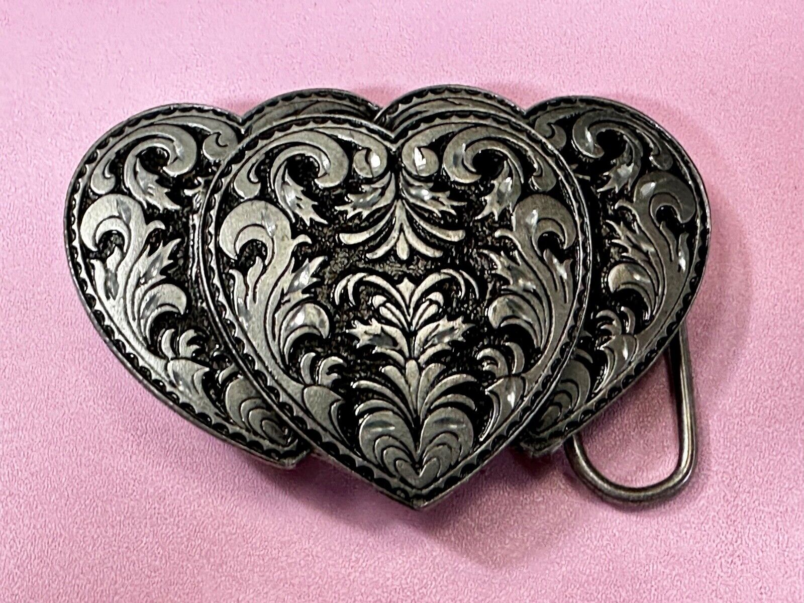 Tripple 3 Hearts. Western Three Heart shaped Vtg. 1995 cutout Belt Buckle by C&J