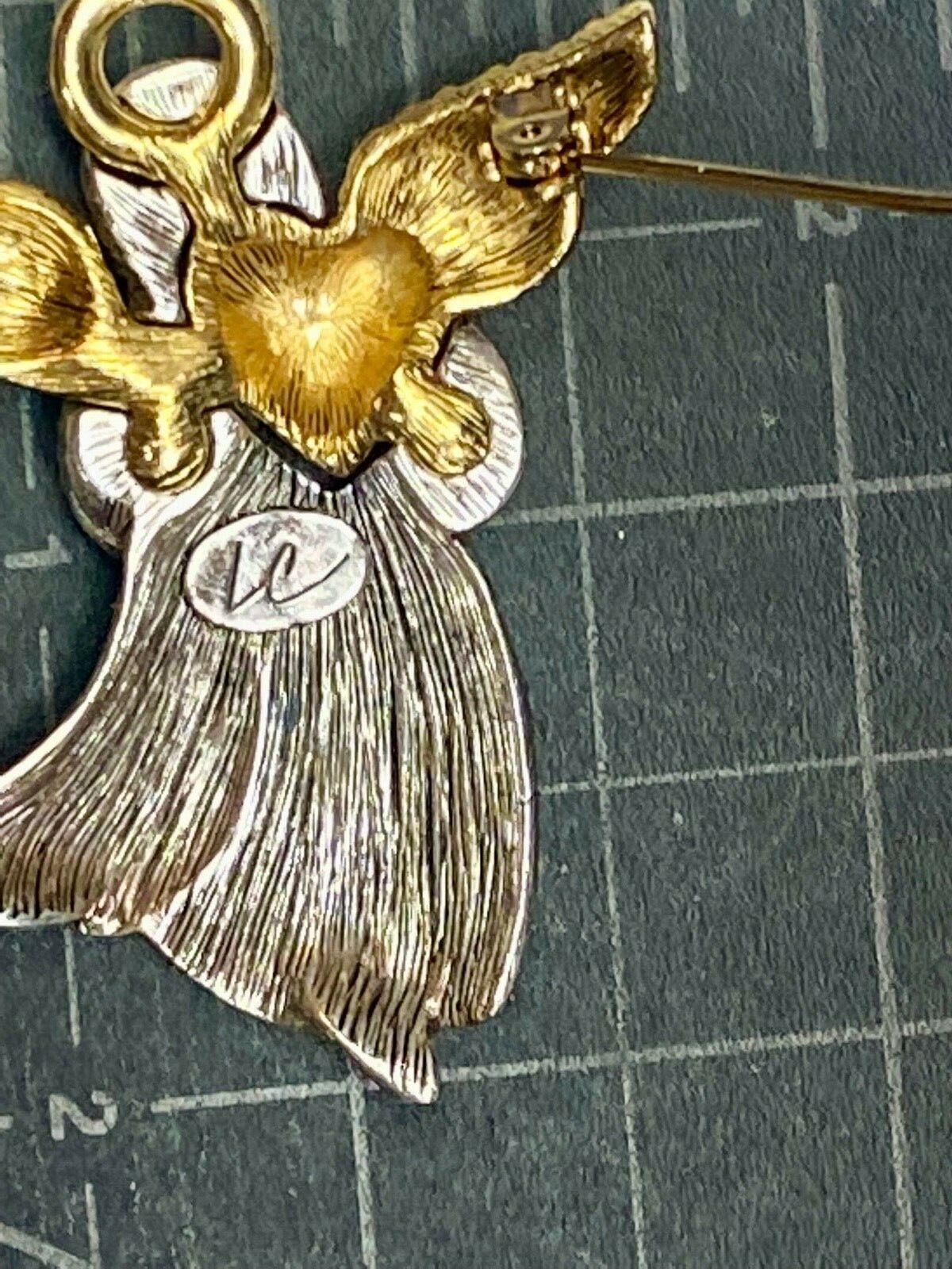 Angel Holding Heart Vintage Brooch Pin Gold & Silver Tone Lc Liz Claiborne 
