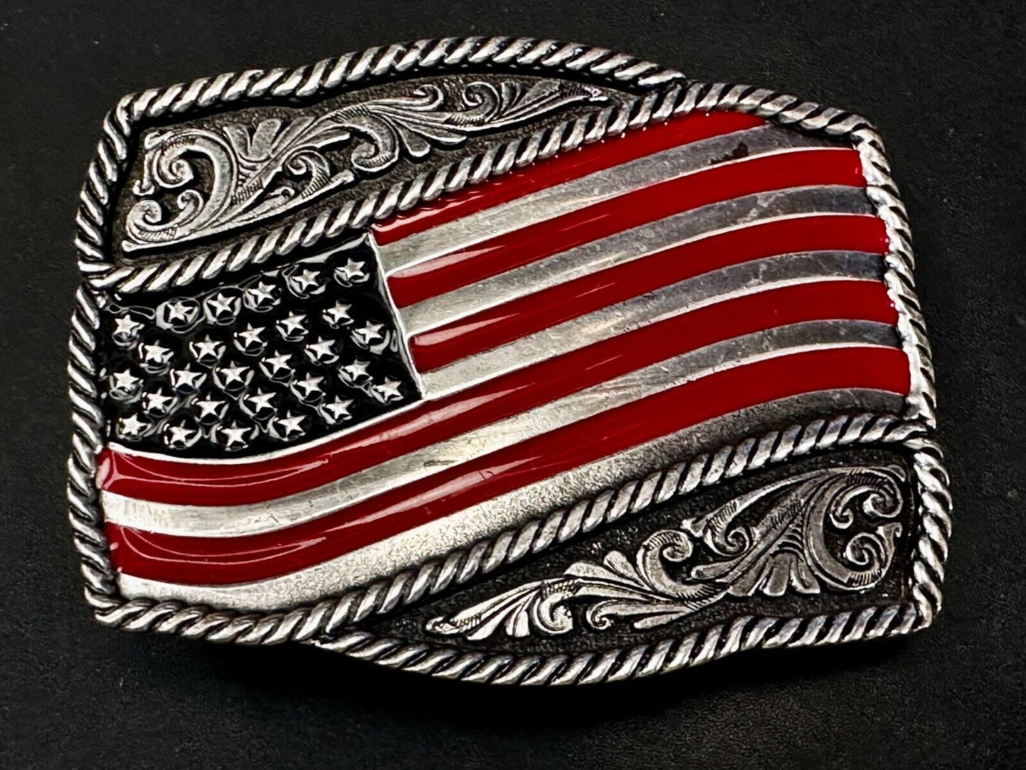 Patriotic American Flag USA Flower Swirl Western Belt Buckle Montana Silversmith