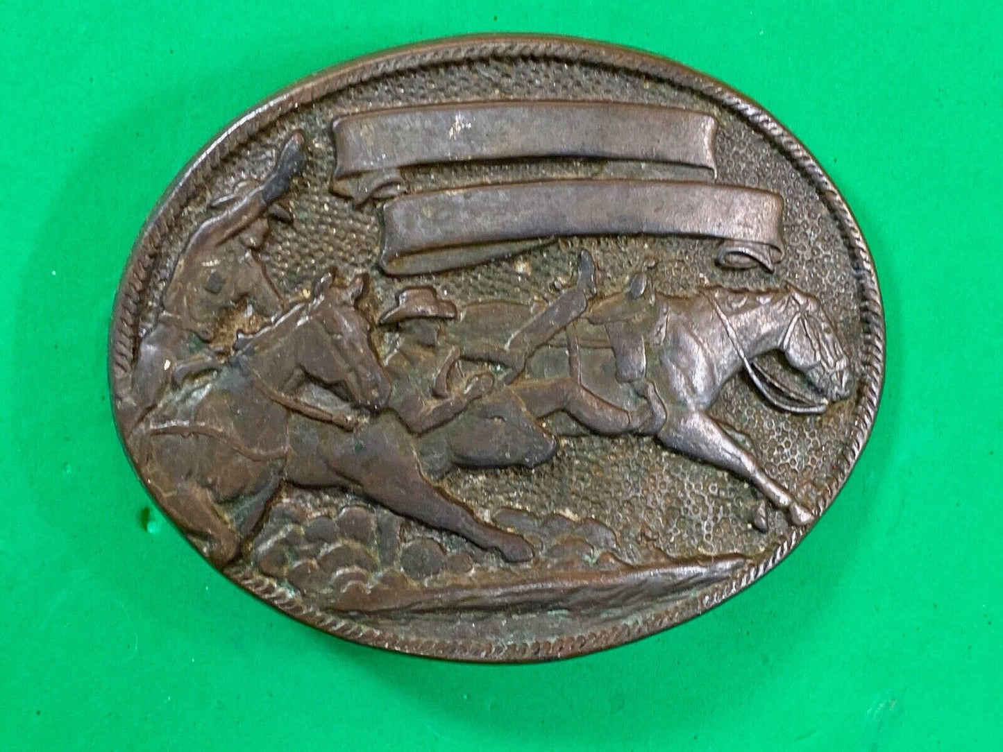 Vintage cowboys from wild west riding horseback belt buckle - blank ribbon award