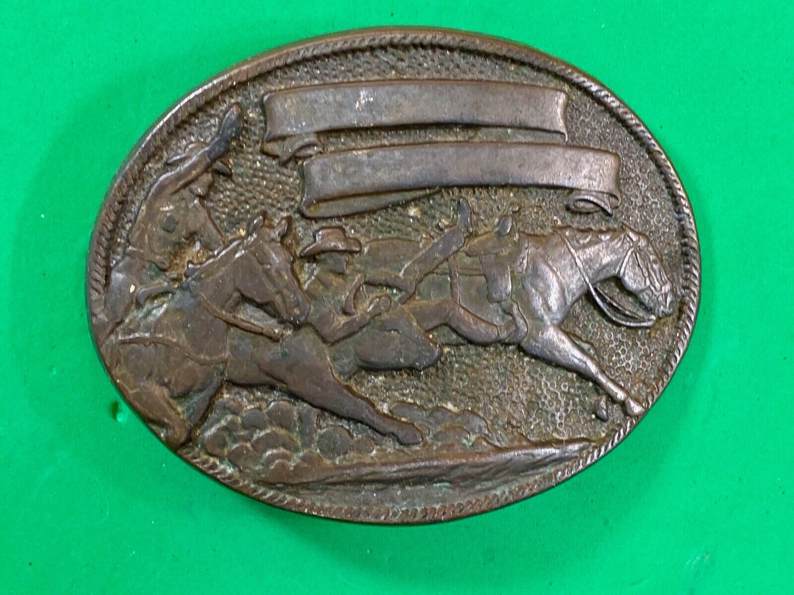 Vintage cowboys from wild west riding horseback belt buckle - blank ribbon award