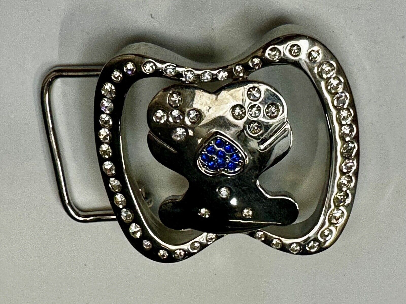 Teddy Bear W/ Heart Clear & Blue Rhinestone Accented Belt Buckle