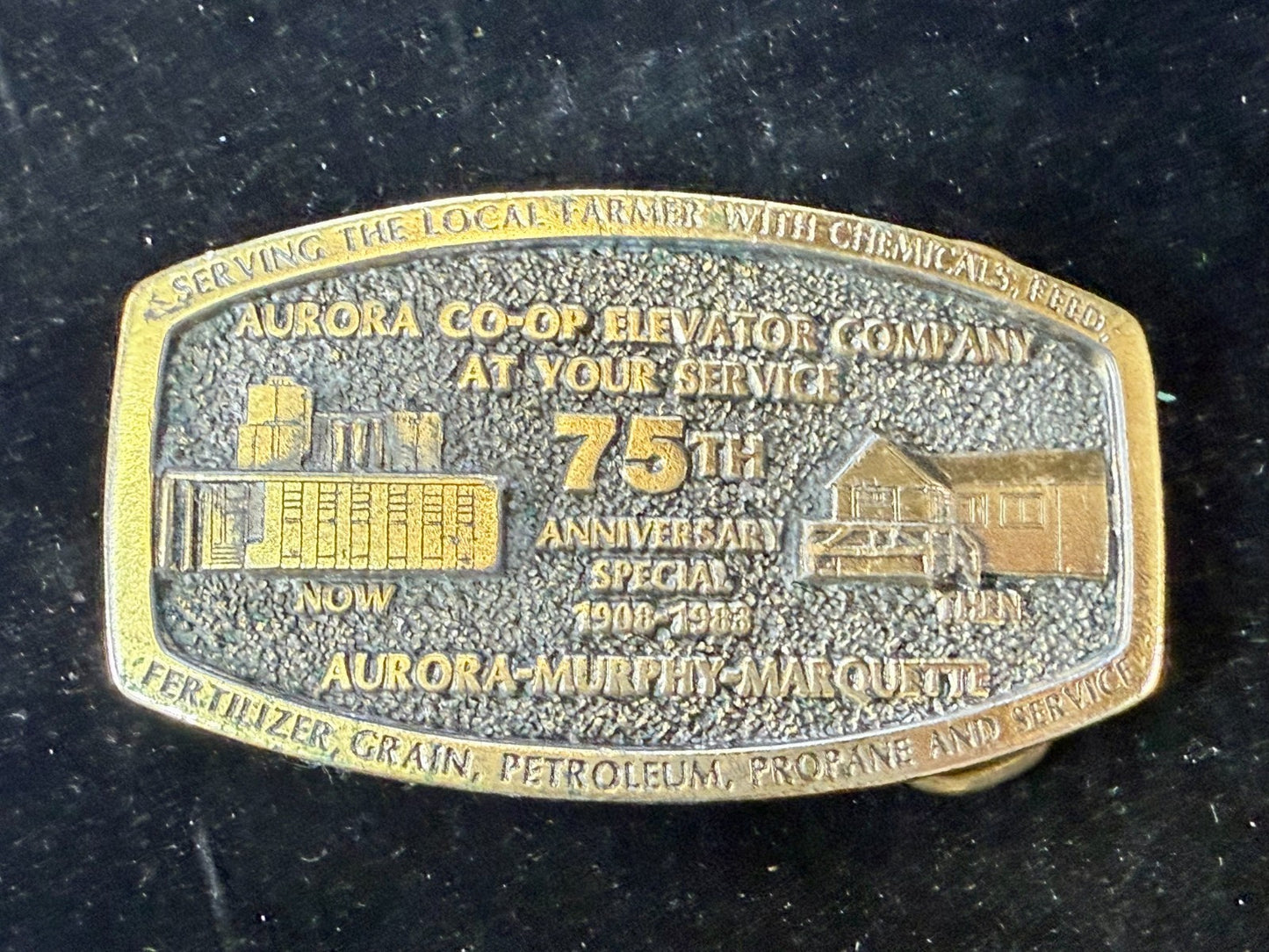 Aurora Co-Op Elevator Company at your Service 75th Anniversary Belt Buckle